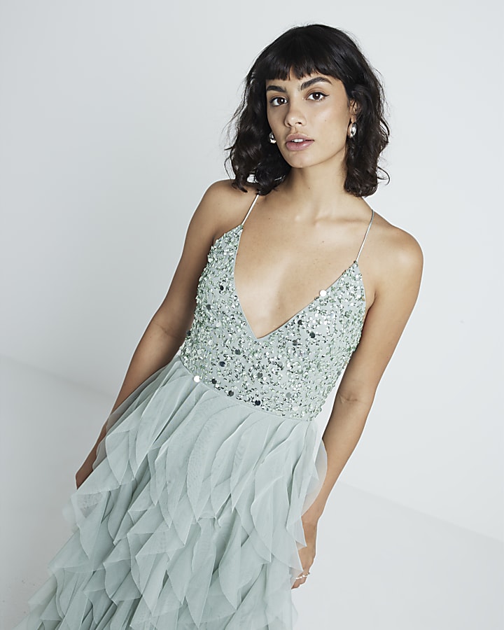 Green sequin ruffle swing midi dress