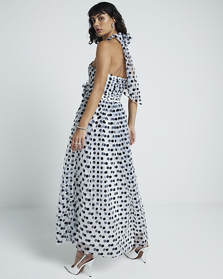White spot cross halter neck swing maxi dress