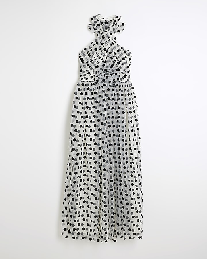 White spot cross halter neck swing maxi dress