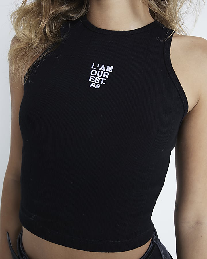 Black Embroidered Ribbed tank top