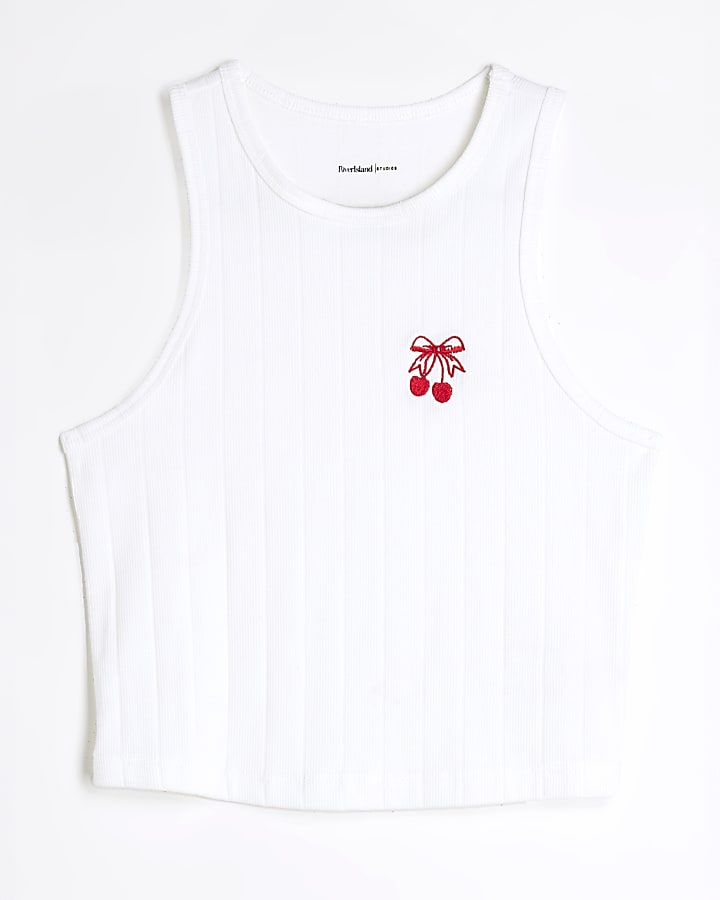 White Embroidered Cherry Crop Tank Top