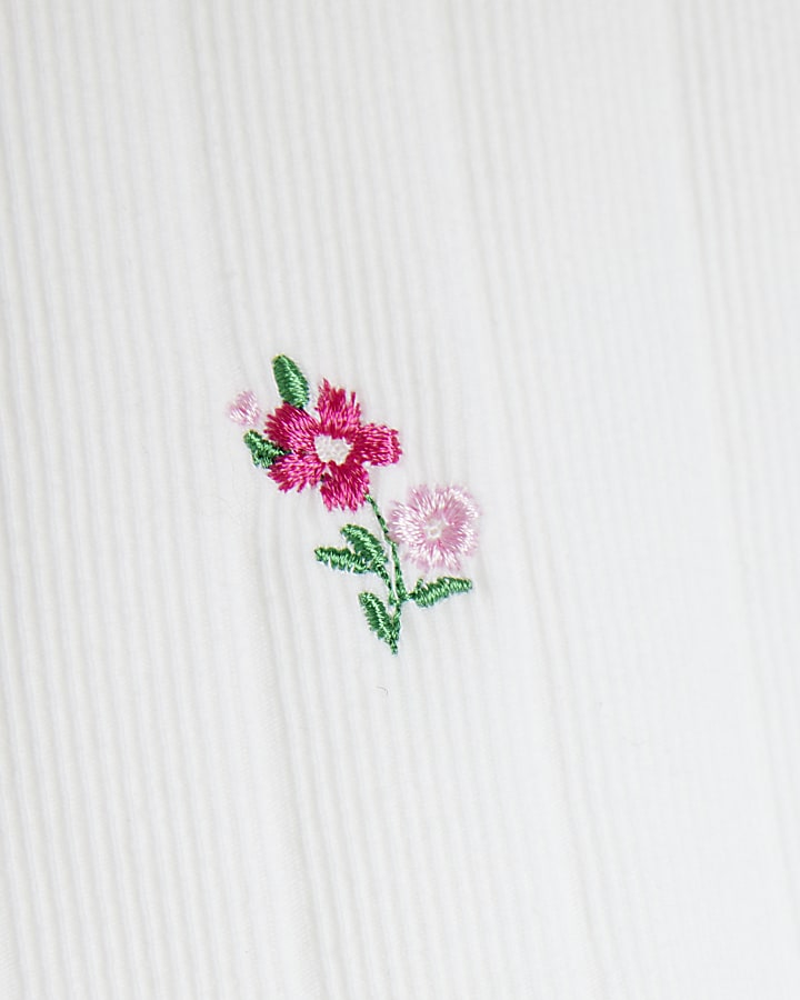 White Floral Embroidered Ribbed Tank Top