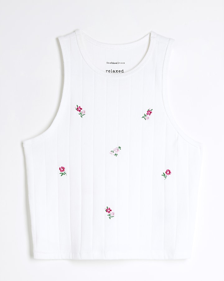 White Floral Embroidered Ribbed Tank Top