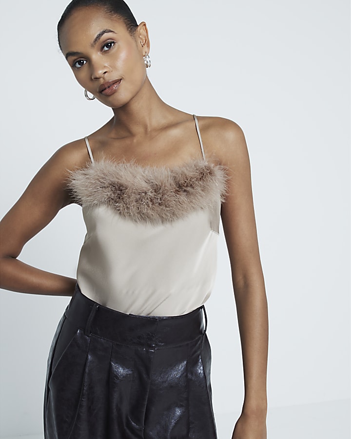Beige Feathered Trim Top