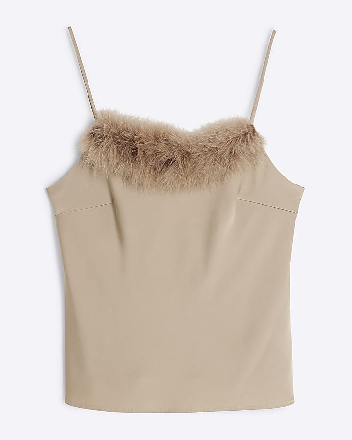 Beige Feathered Trim Top