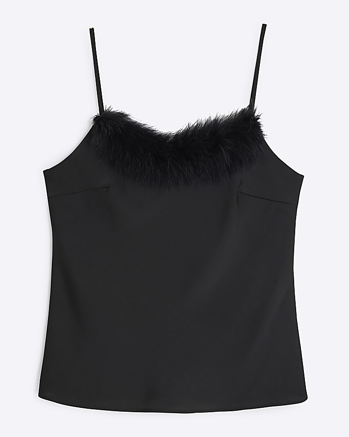 Black Feather Trim Cami Top