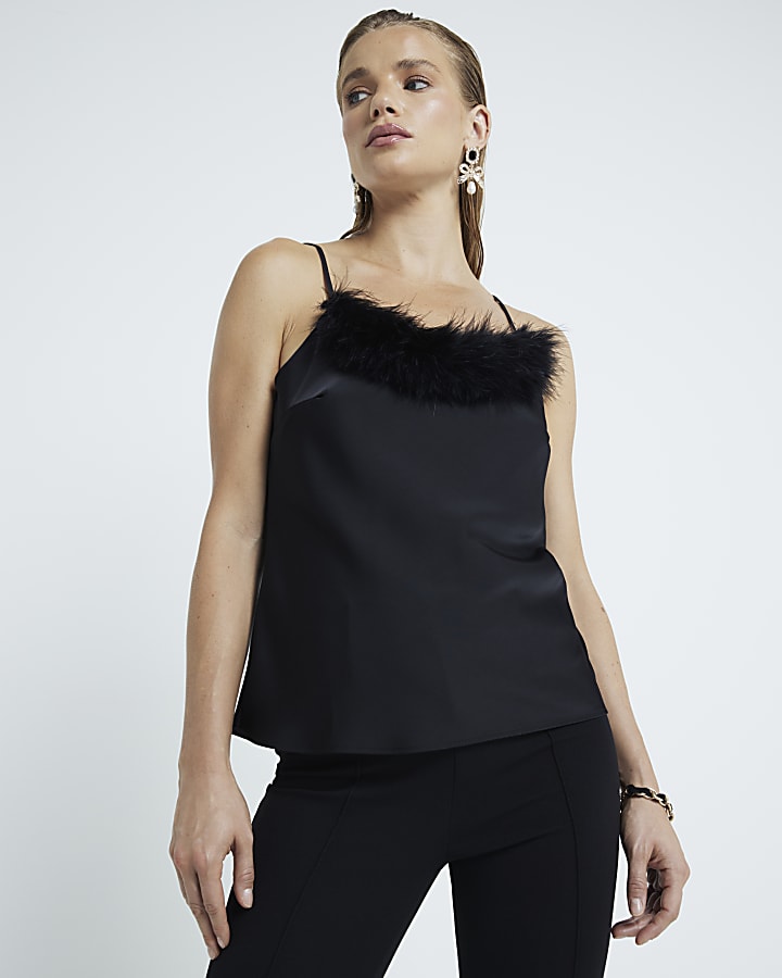 Black Feather Trim Cami Top