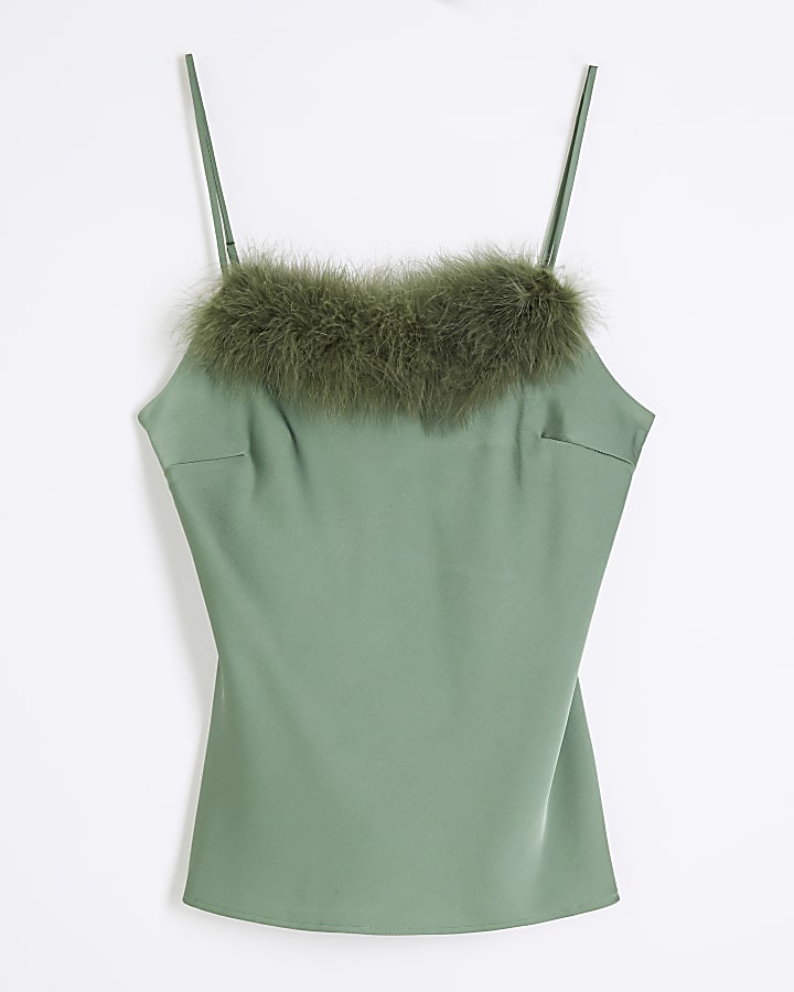 Green Feathered Trim Top