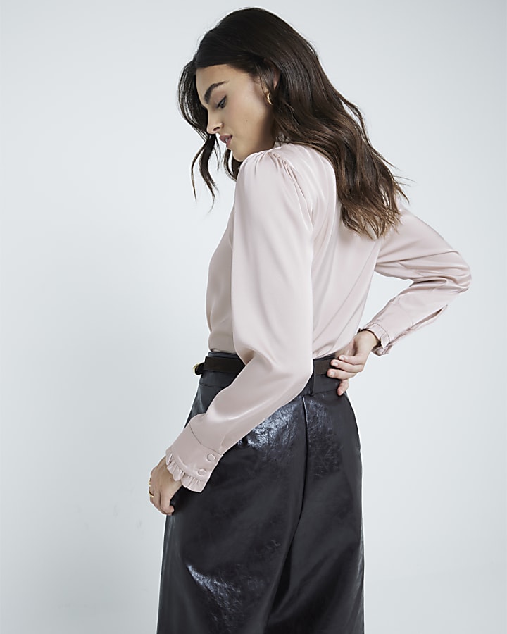 Pink Satin Ruffle Blouse