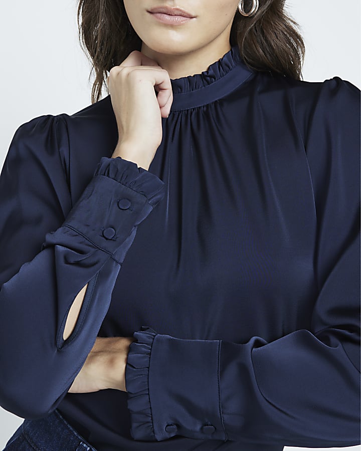 Navy Satin Ruffle Detail Blouse