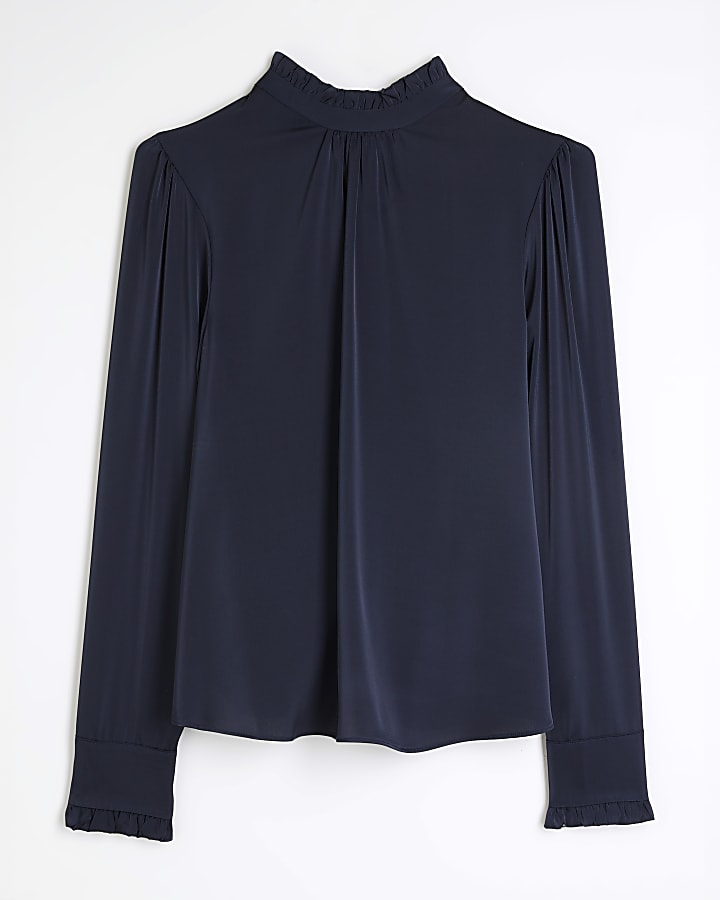 Navy Satin Ruffle Detail Blouse