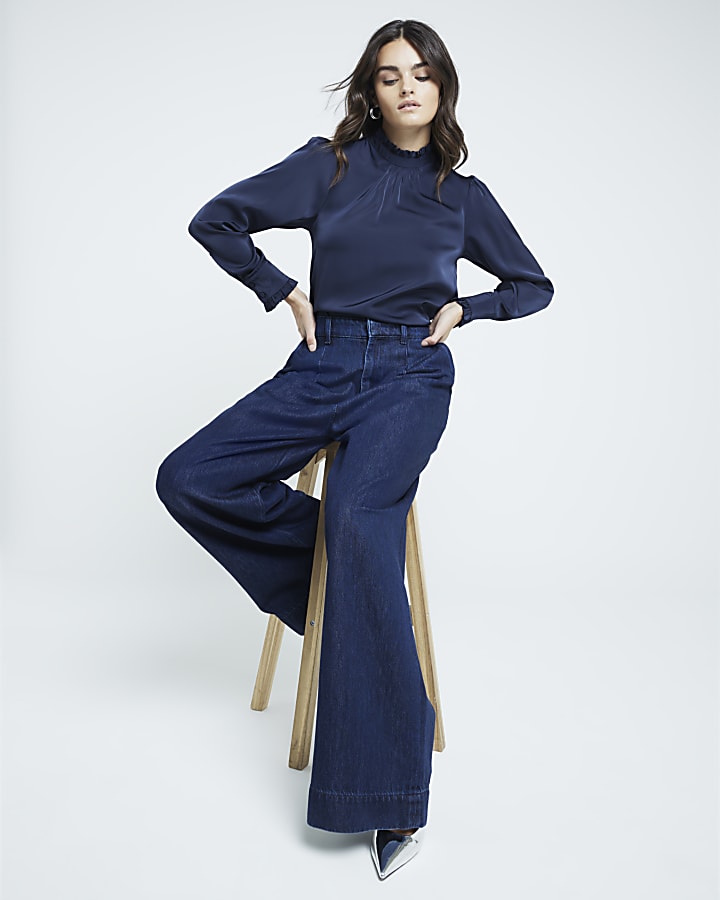 Navy Satin Ruffle Detail Blouse