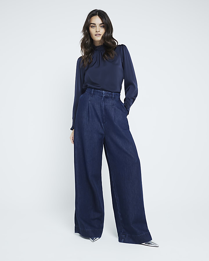 Navy Satin Ruffle Detail Blouse