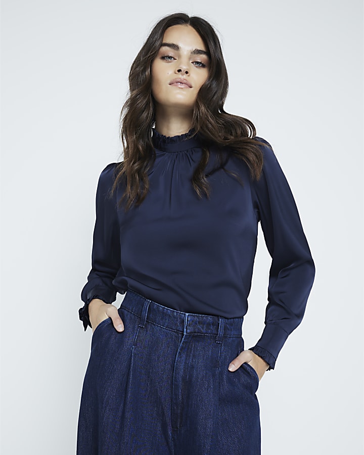 Navy Satin Ruffle Detail Blouse