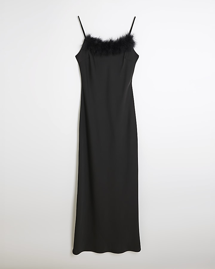 Black Feather Trimmed Slip Dress