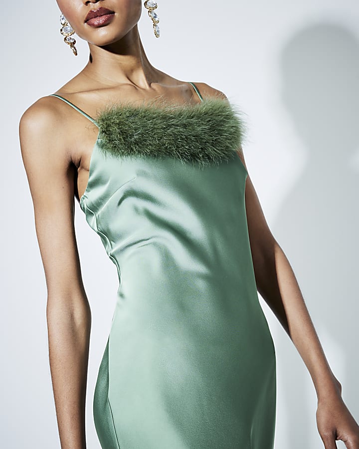 Green  Feather Trimmed Slip Dress