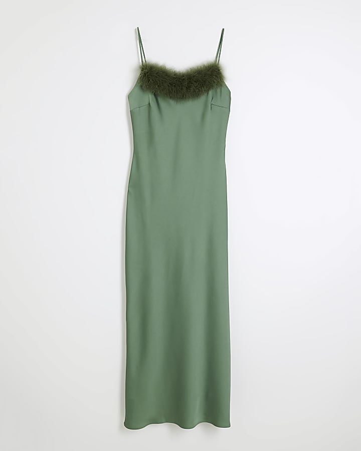 Green  Feather Trimmed Slip Dress