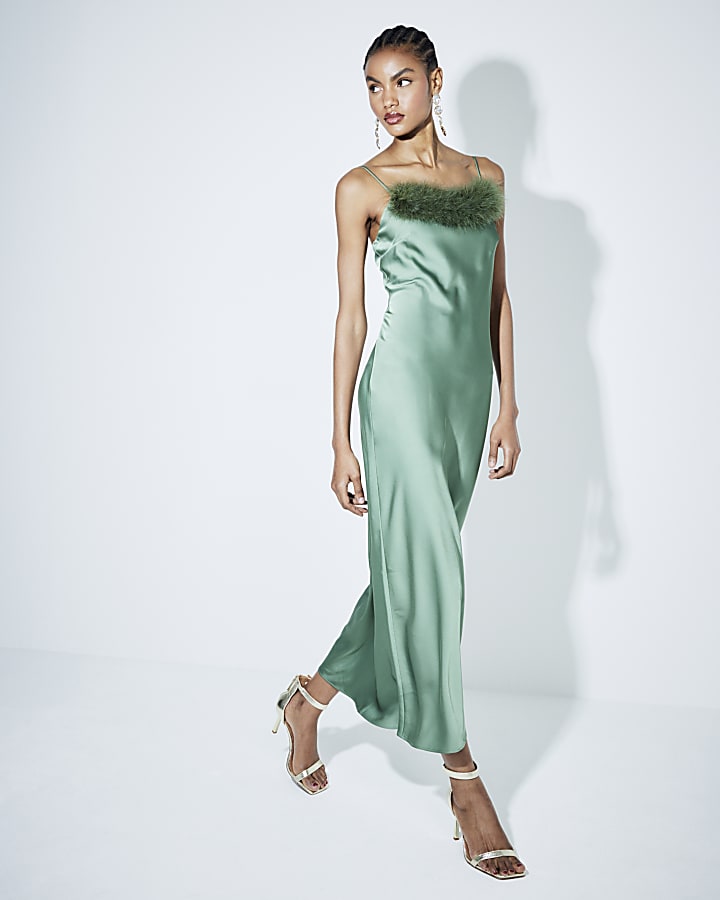 Green  Feather Trimmed Slip Dress