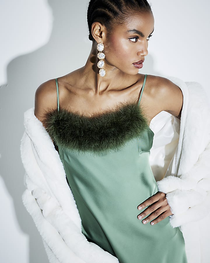 Green  Feather Trimmed Slip Dress