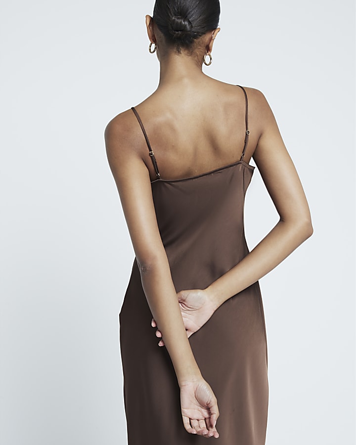 Brown Feather Trimmed Slip Dress