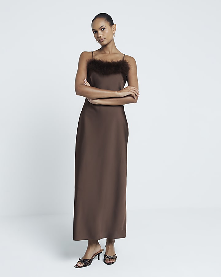 Brown Feather Trimmed Slip Dress