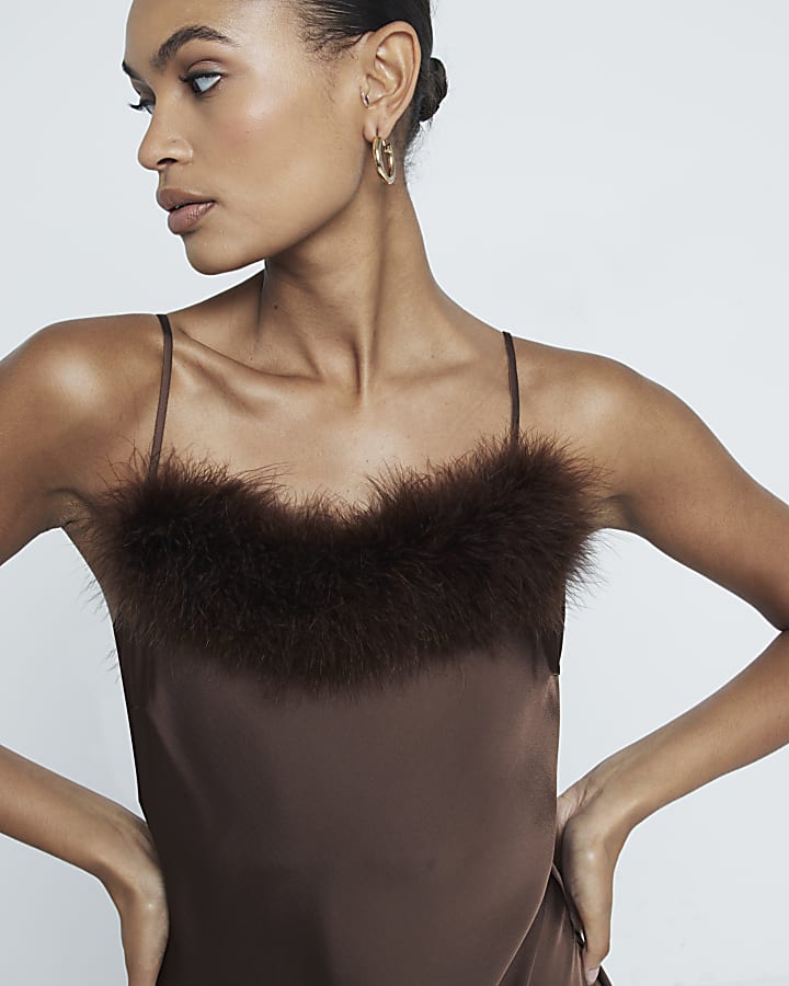 Brown Feather Trimmed Slip Dress