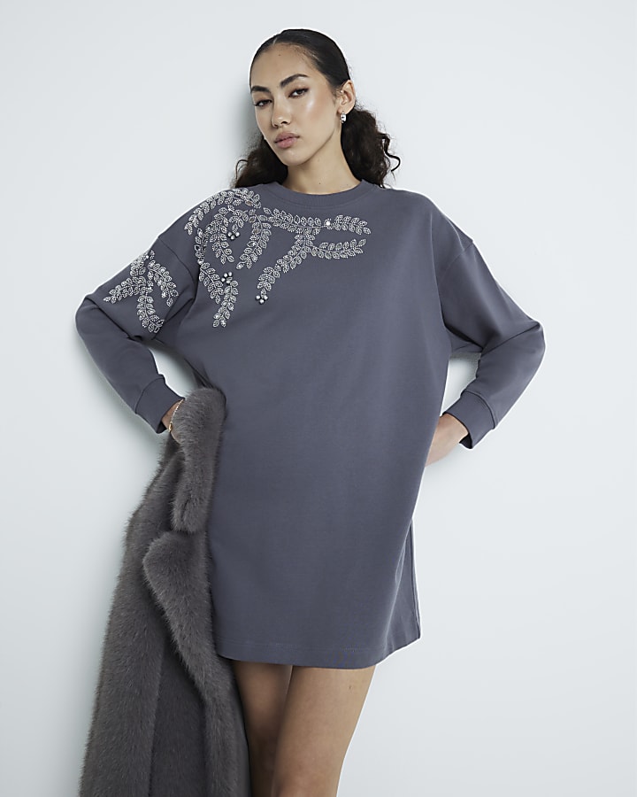 Grey Embellished Leaf Sweatshirt Dress