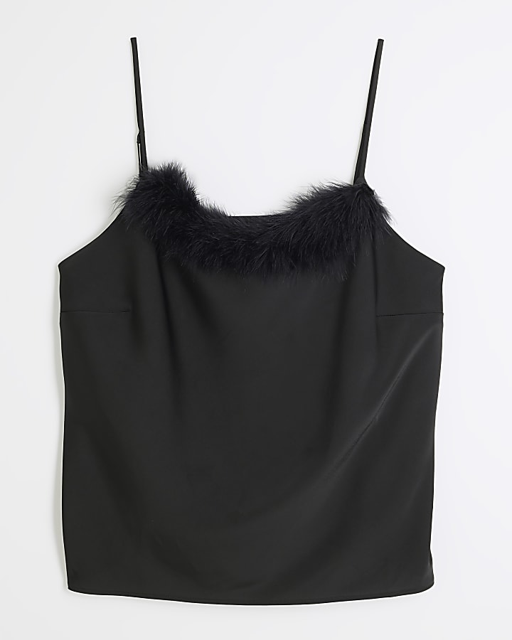 Plus Black Feather Trim Cami Top