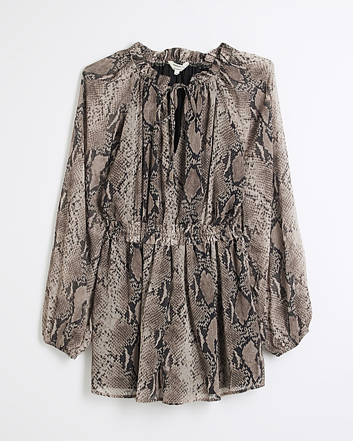 Beige Snake print Belted Playsuit