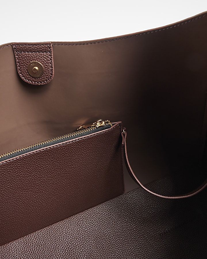 Brown Debossed RI Slouch Tote Bag Set