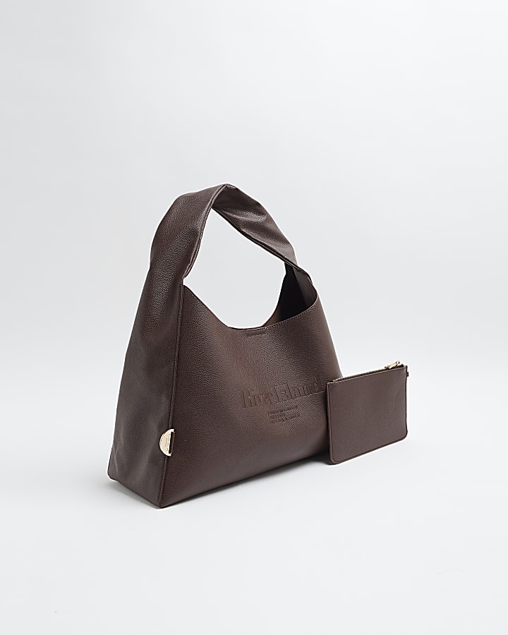 Brown Debossed RI Slouch Tote Bag Set