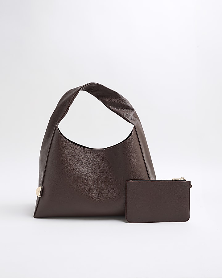 Brown Debossed RI Slouch Tote Bag Set