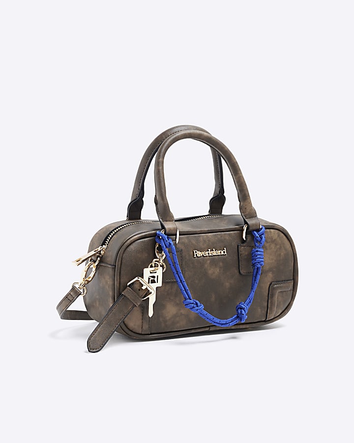 Brown Faux Leather Charm Handle Bowler Bag