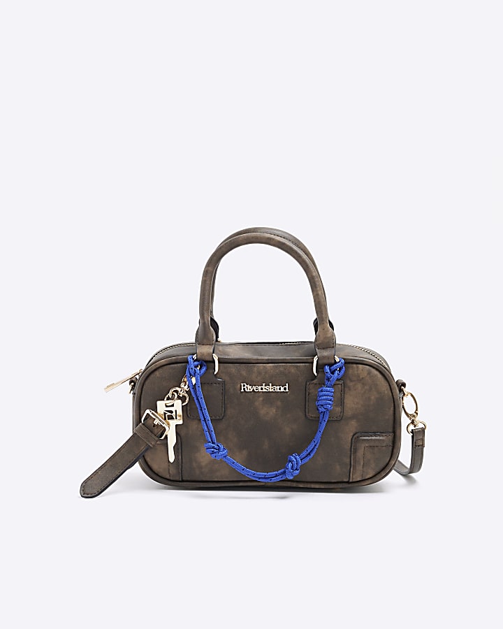 Brown Faux Leather Charm Handle Bowler Bag