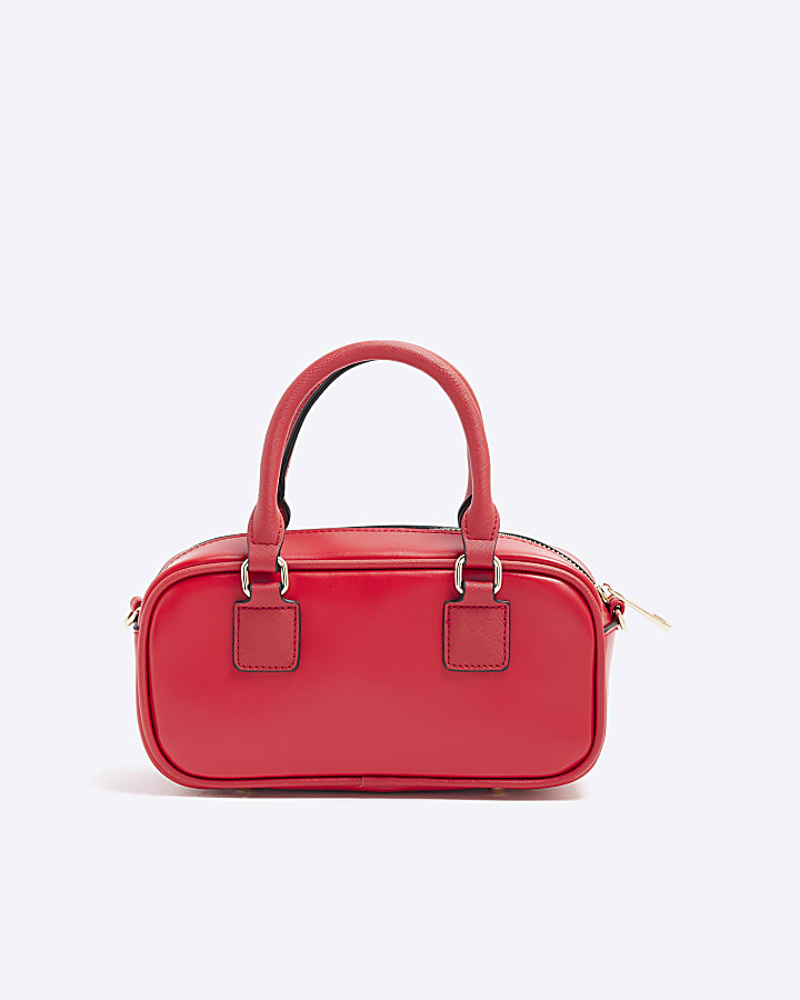 Red Faux Leather Charm Top Handle Bowler Bag