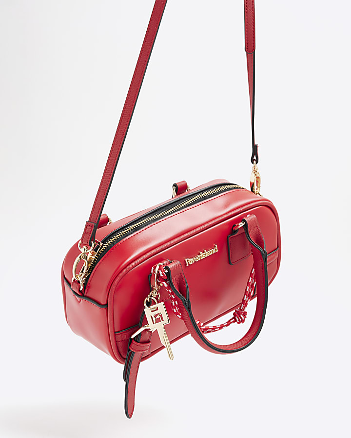 Red Faux Leather Charm Top Handle Bowler Bag