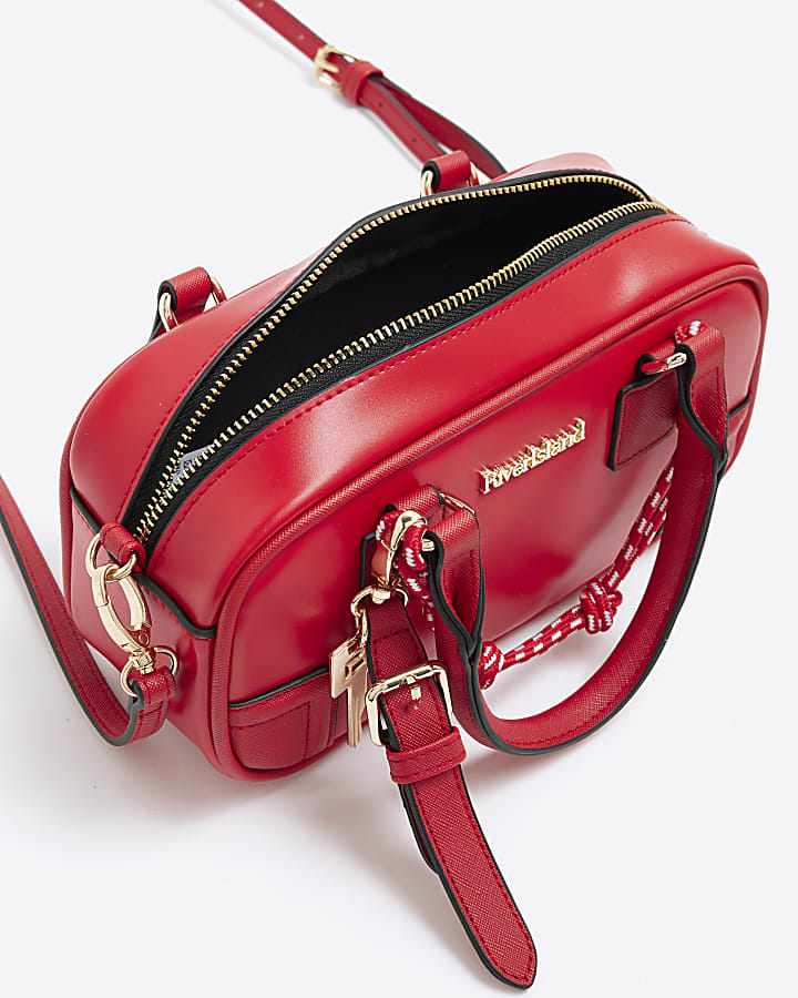 Red Faux Leather Charm Top Handle Bowler Bag