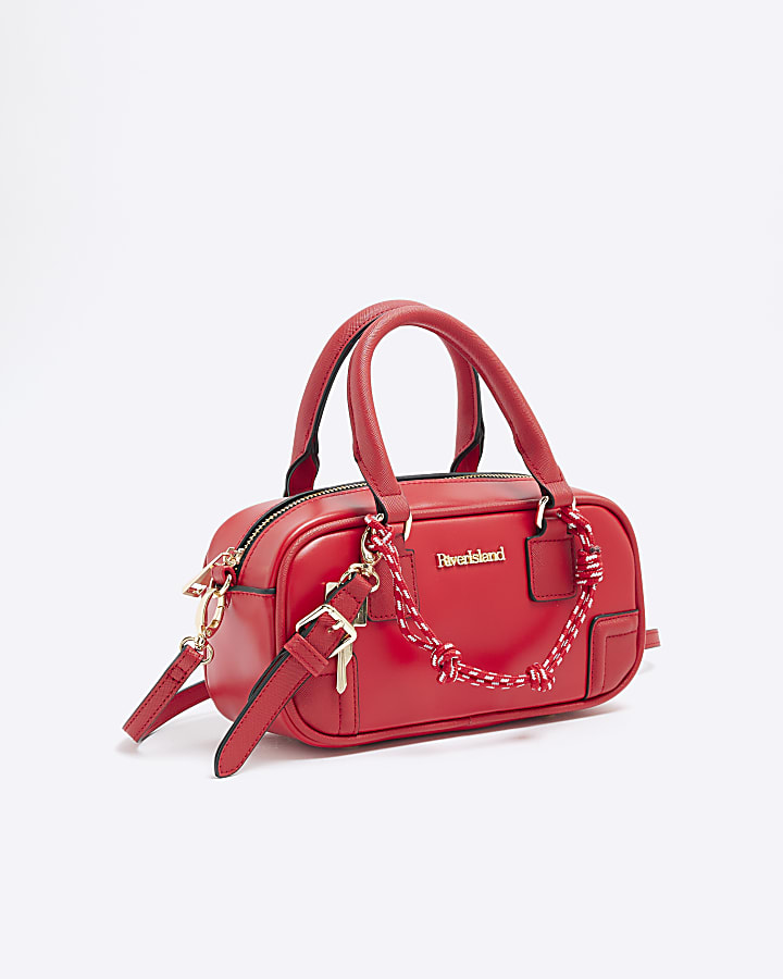 Red Faux Leather Charm Top Handle Bowler Bag