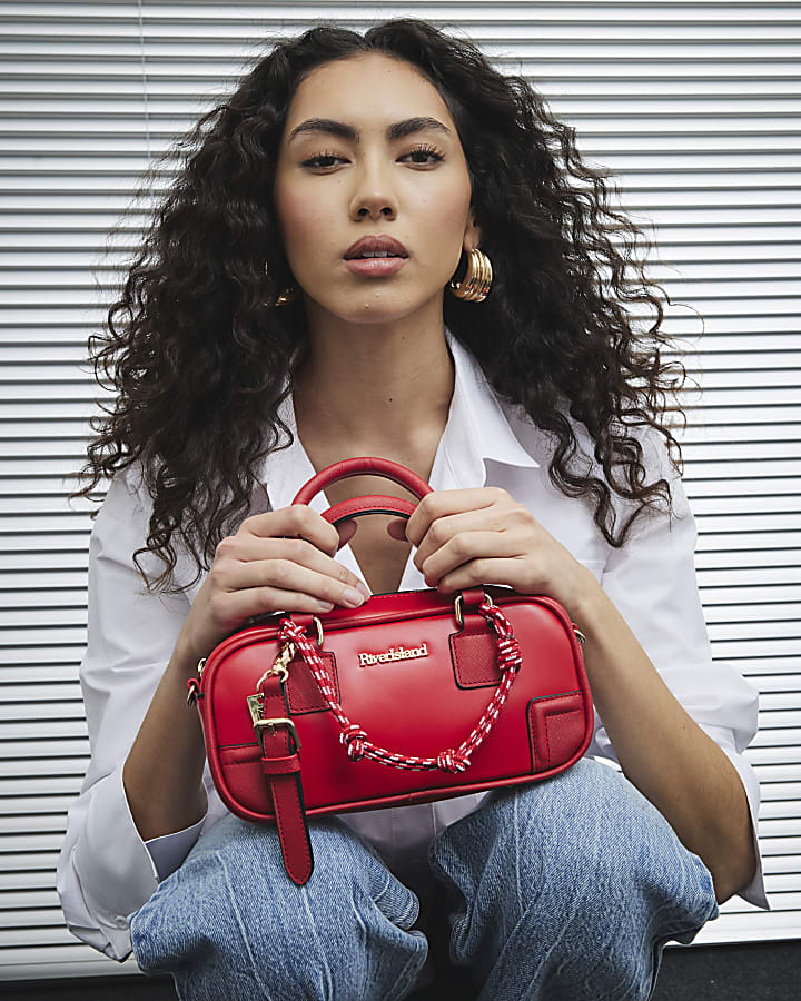 Red Faux Leather Charm Top Handle Bowler Bag