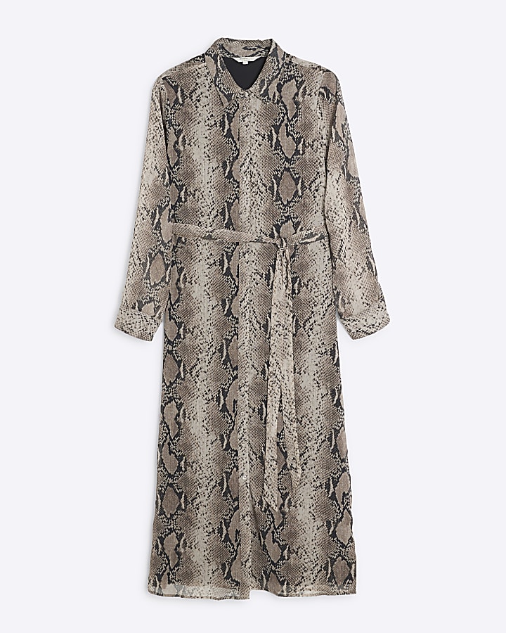 Black Snake Print Midi Shirt Dress