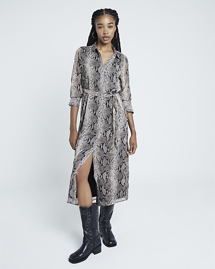 Black Snake Print Midi Shirt Dress