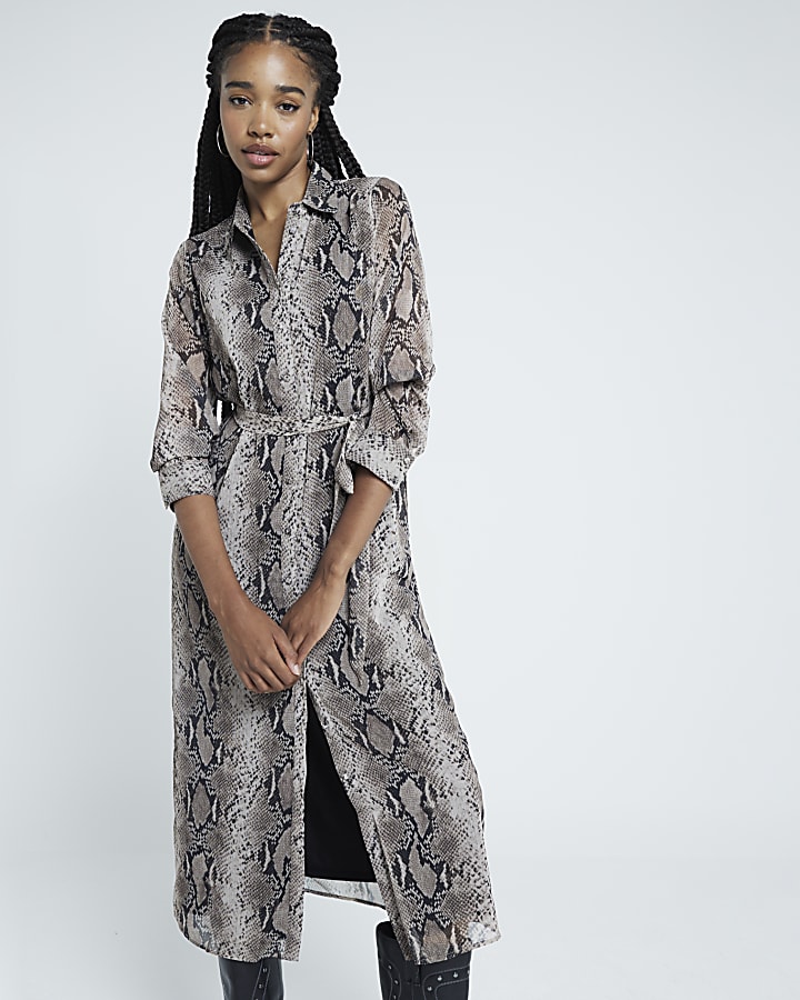 Black Snake Print Midi Shirt Dress River Island