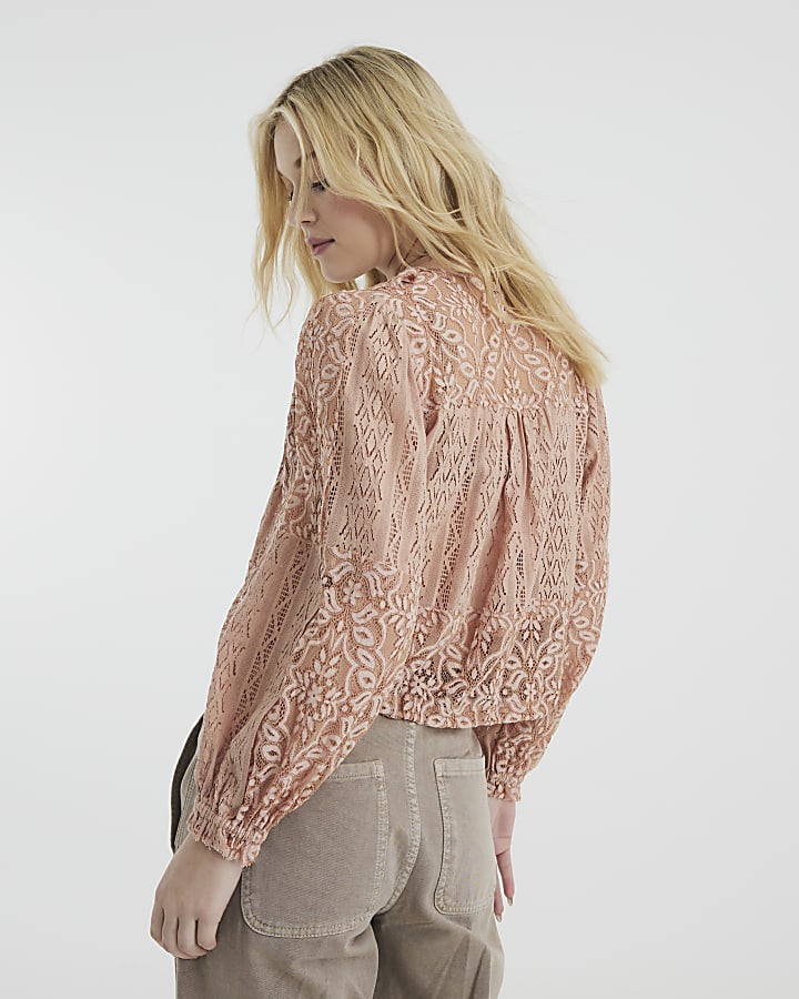 Pink Long Sleeve Lace Ruffle Top