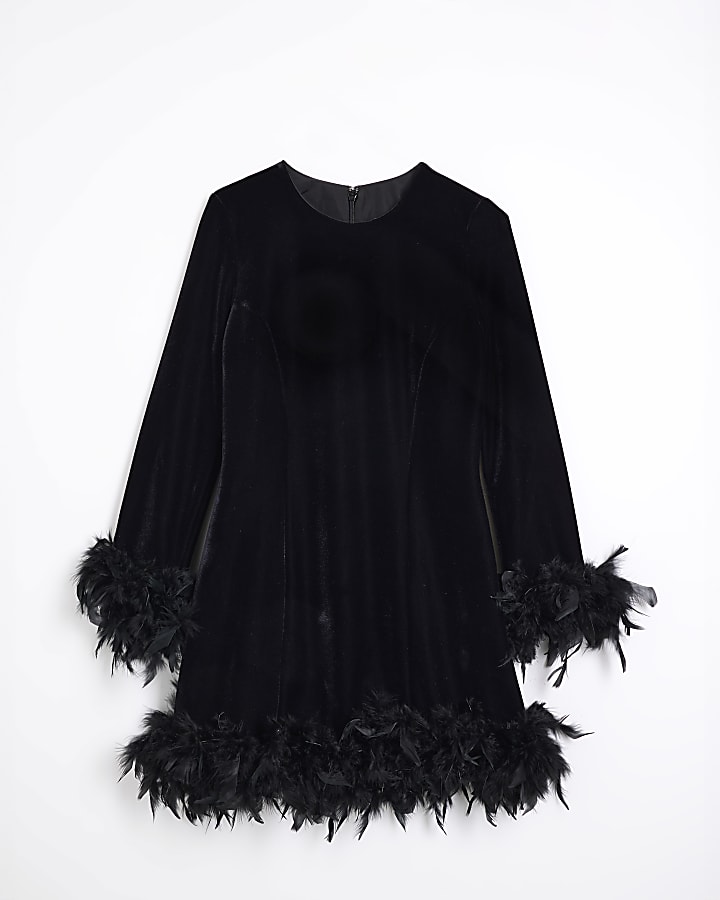 Petite Black Velvet Feather Hem Shift Dress