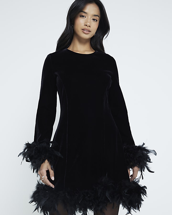 Petite Black Velvet Feather Hem Shift Dress