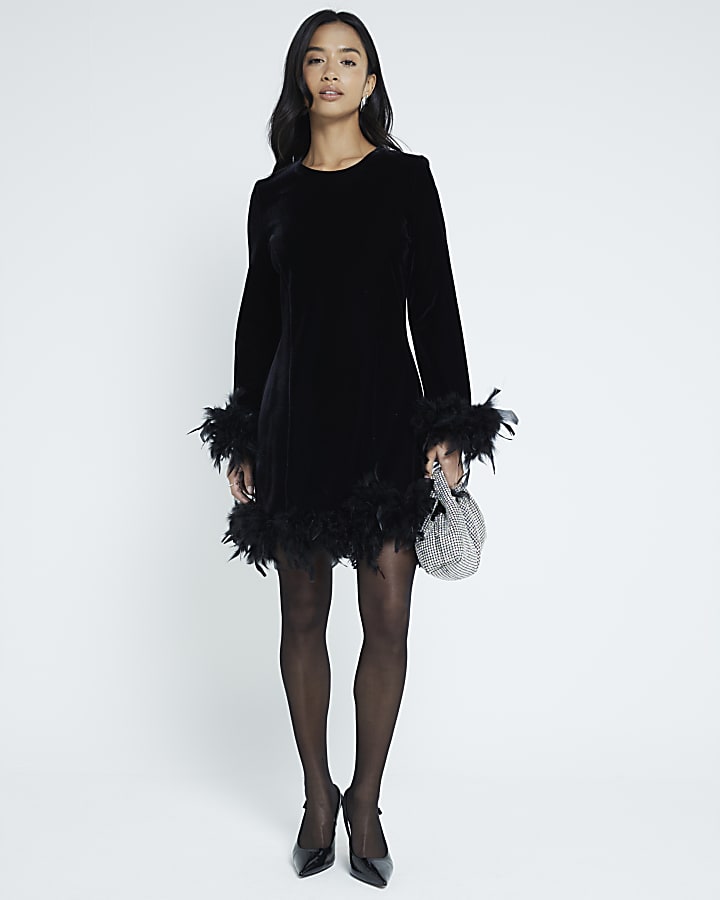 Petite Black Velvet Feather Hem Shift Dress