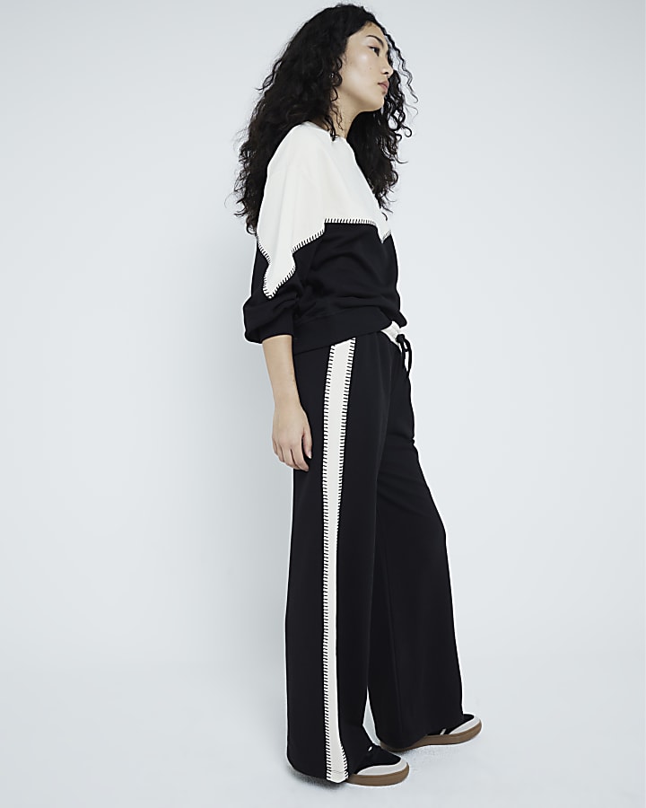 Black Monochrome Side Stripe Wide Leg Joggers