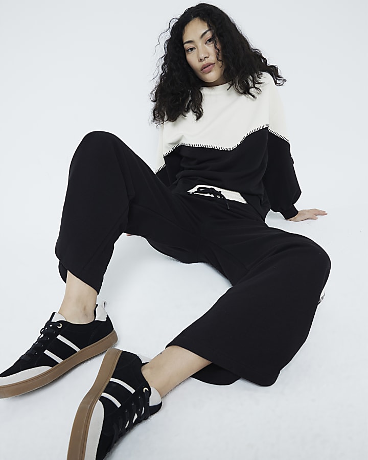 Black Monochrome Side Stripe Wide Leg Joggers