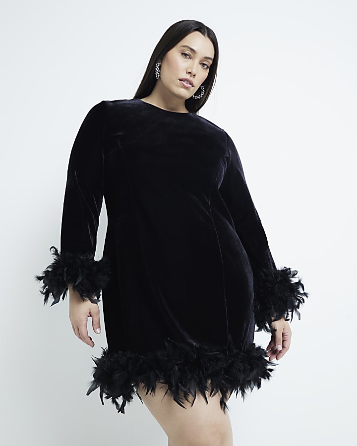 Plus Black Velvet Feathered Hem Dress