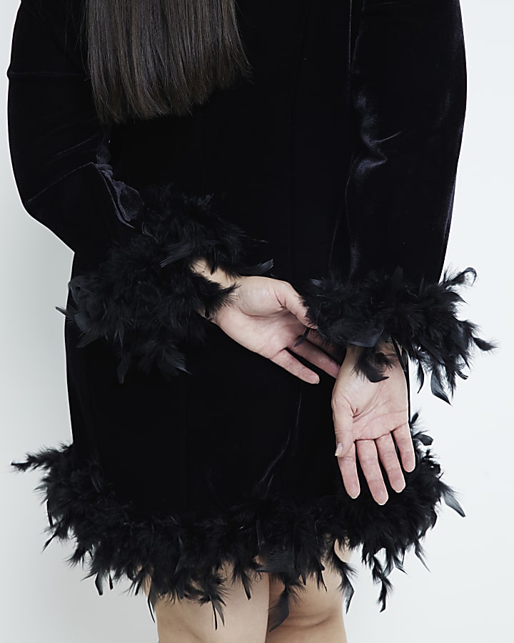 Plus Black Velvet Feathered Hem Dress